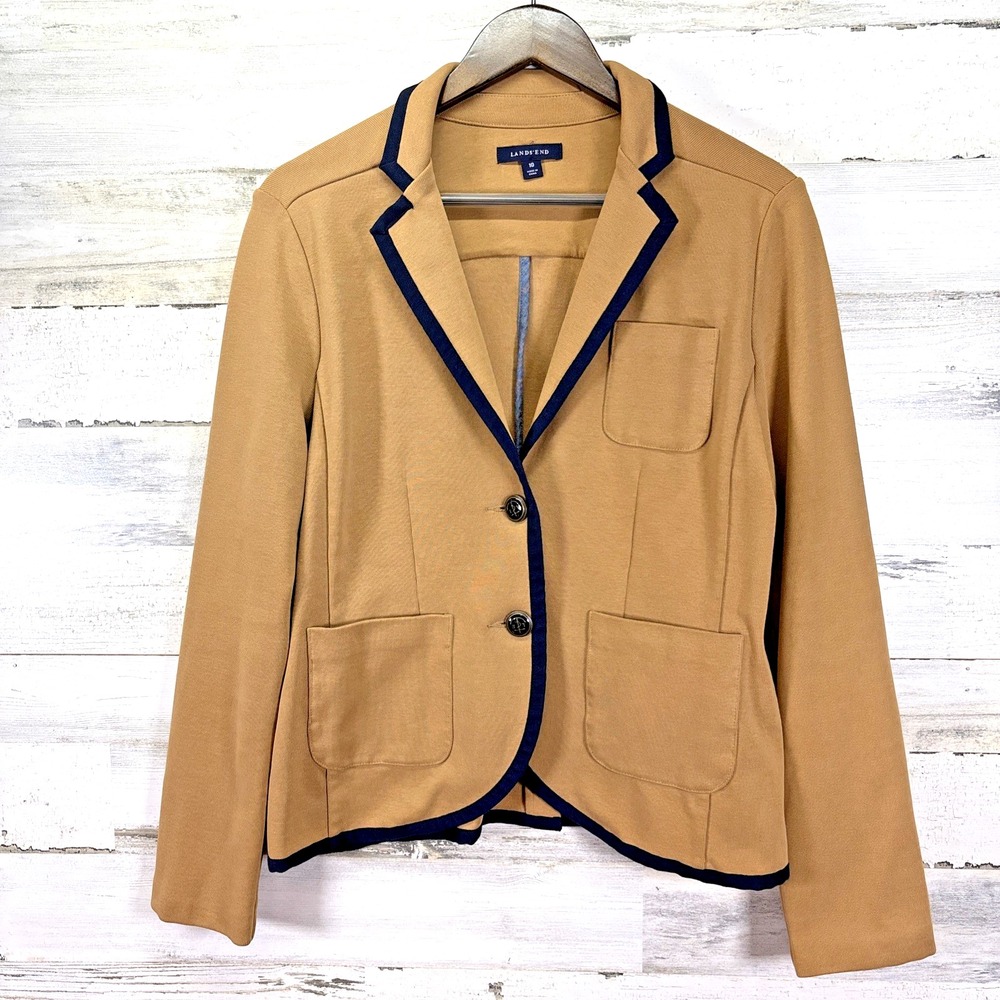 Lands End Womens Camel Brown Milano Nautical Button Blazer Jacket Size 10